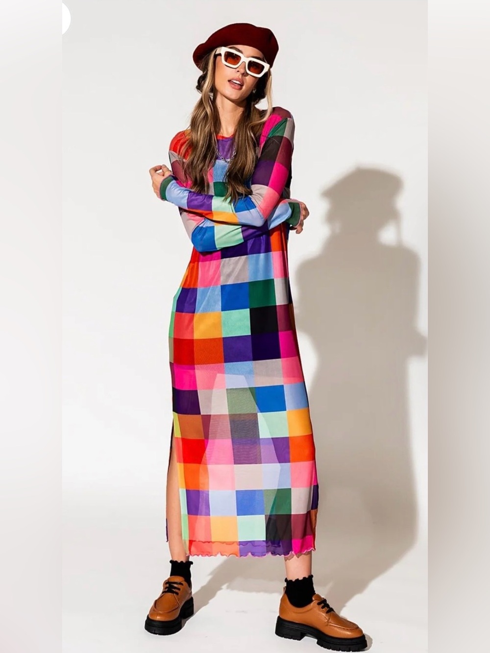 Mad About You Long Sleeve Mesh Dress in Forever Young Check NWT Size L SOLD OUT